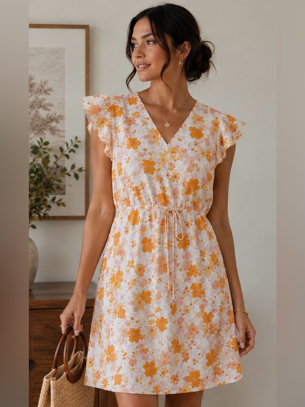 LOFT Outlet Floral Flutter Sleeve Tie Waist Dress LP Petite V Neck